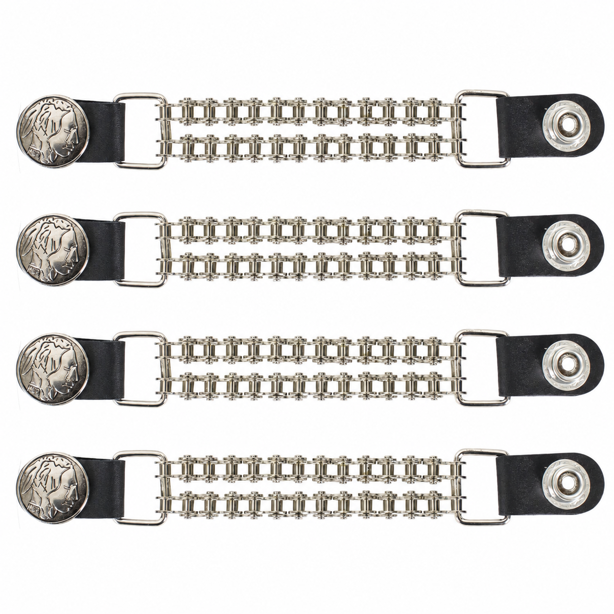 Set of Four Indian Head Nickel Vest Extenders with Chrome Motorcycle Chain - AC1054-BC-DL 1 Set of Four Indian Head Nickel Vest Extenders with Chrome Motorcycle Chain – AC1054-BC-DL