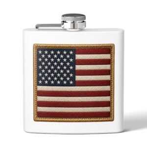 6oz Stainless Steel Flask - American Flag Patch - Embroidered Look USA Flag - Choice of Colors
