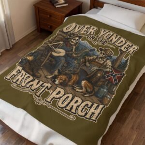 Confederate - Truck - Skeletons - 'Over Yonder on the Front Porch' - Rebel Flag - Dog - Banjo - Velveteen Plush Blanket
