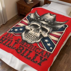 Confederate - Cowboy Skull - 'All American Hillbilly' - Rebel Flag - Red White Blue - Velveteen Plush Blanket