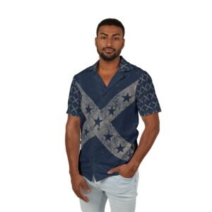 Confederate Flag Hawaiian Camp Shirt - Men’s Blue Patriotic - Beach Apparel - L