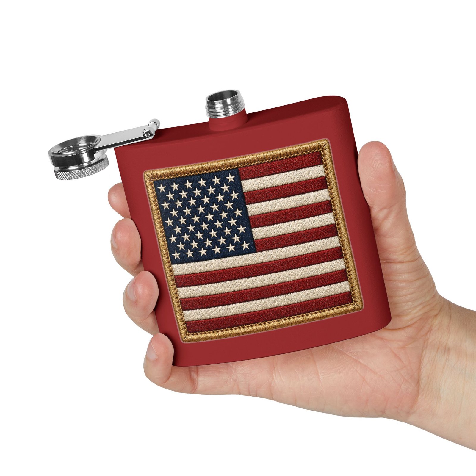 6oz Stainless Steel Flask - American Flag Patch - Embroidered Look USA Flag - Choice of Colors 18 6oz Stainless Steel Flask - American Flag Patch - Embroidered Look USA Flag - Choice of Colors - Image 18