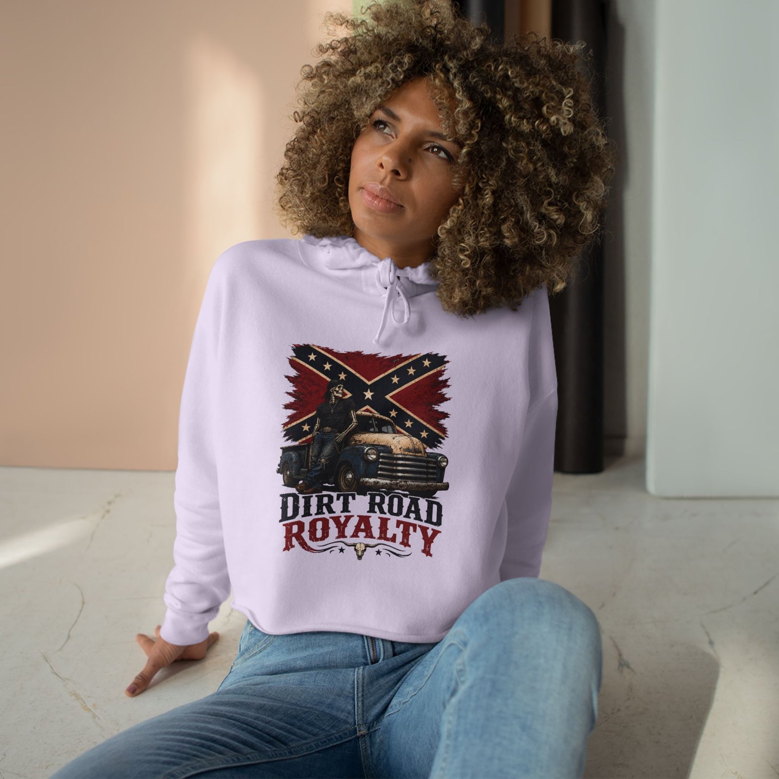 Crop Hoodie - Rebel Flag Biker Hooded Sweatshirt - Truck - 'Dirt Road Royalty' - Image 2