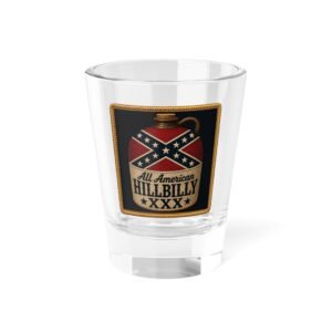 1.5oz Shot Glass - Confederate Flag Design - 'All American Hillbilly' - Moonshine Jug - Rebel Glassware