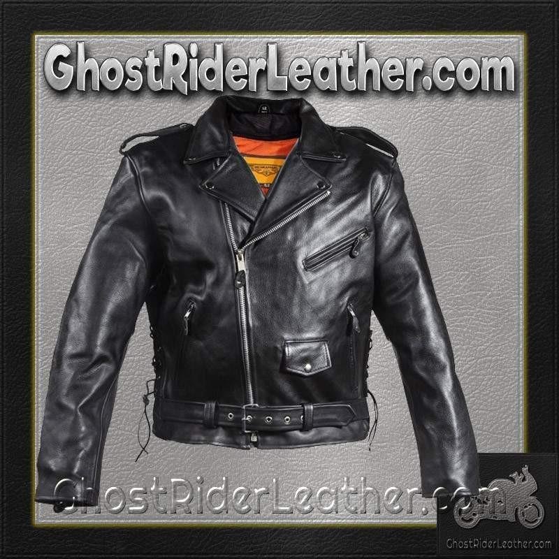 Leather Motorcycle Police Style Jacket with Side Laces and Vents - Up To Size 72 - MJ201-SS-DL - Image 9