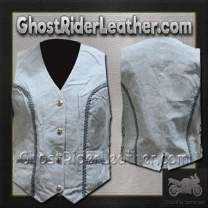 Women's Blue Leather Vest with Side Laces and Braid Design -  LV221-15-DL