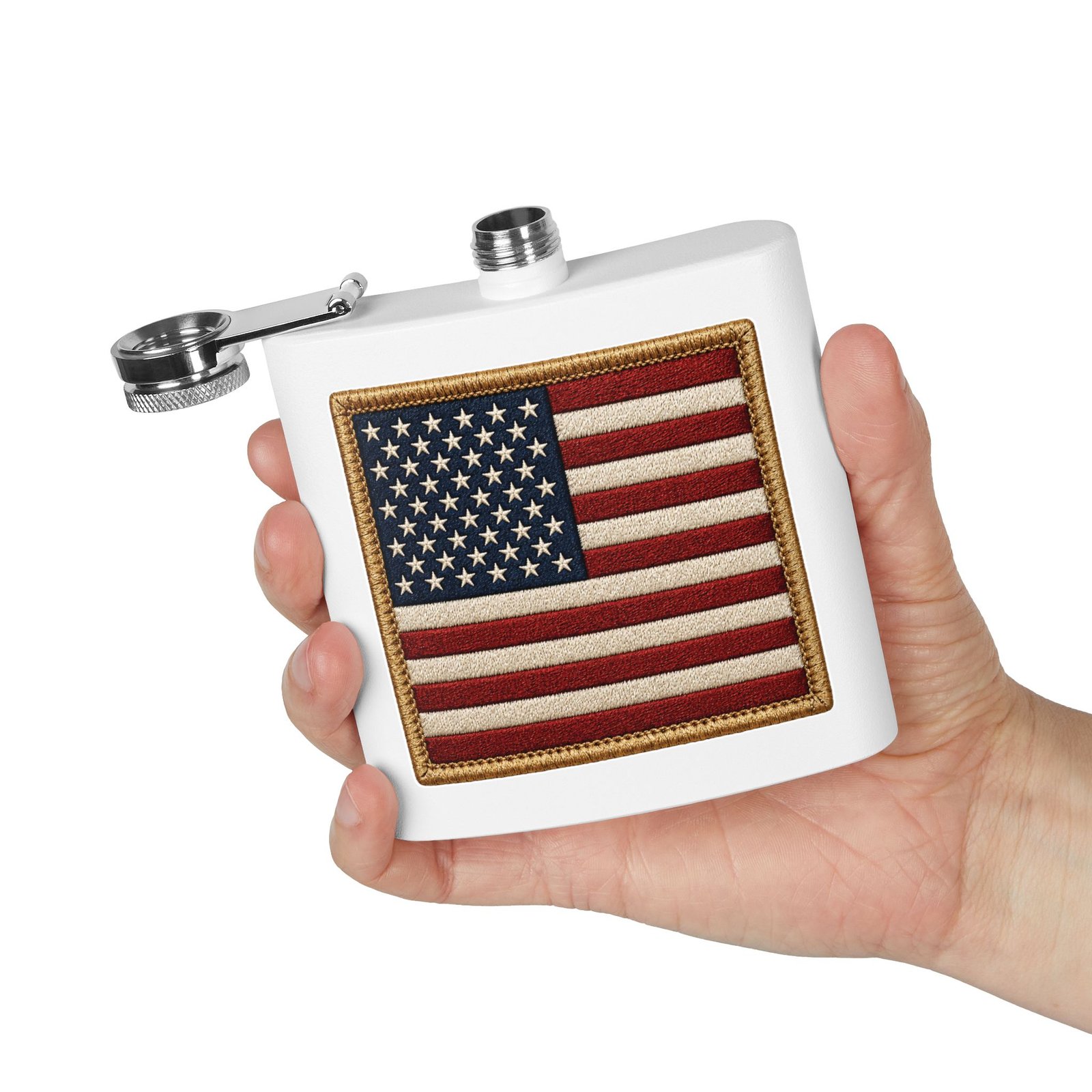 6oz Stainless Steel Flask - American Flag Patch - Embroidered Look USA Flag - Choice of Colors 12 6oz Stainless Steel Flask - American Flag Patch - Embroidered Look USA Flag - Choice of Colors - Image 12