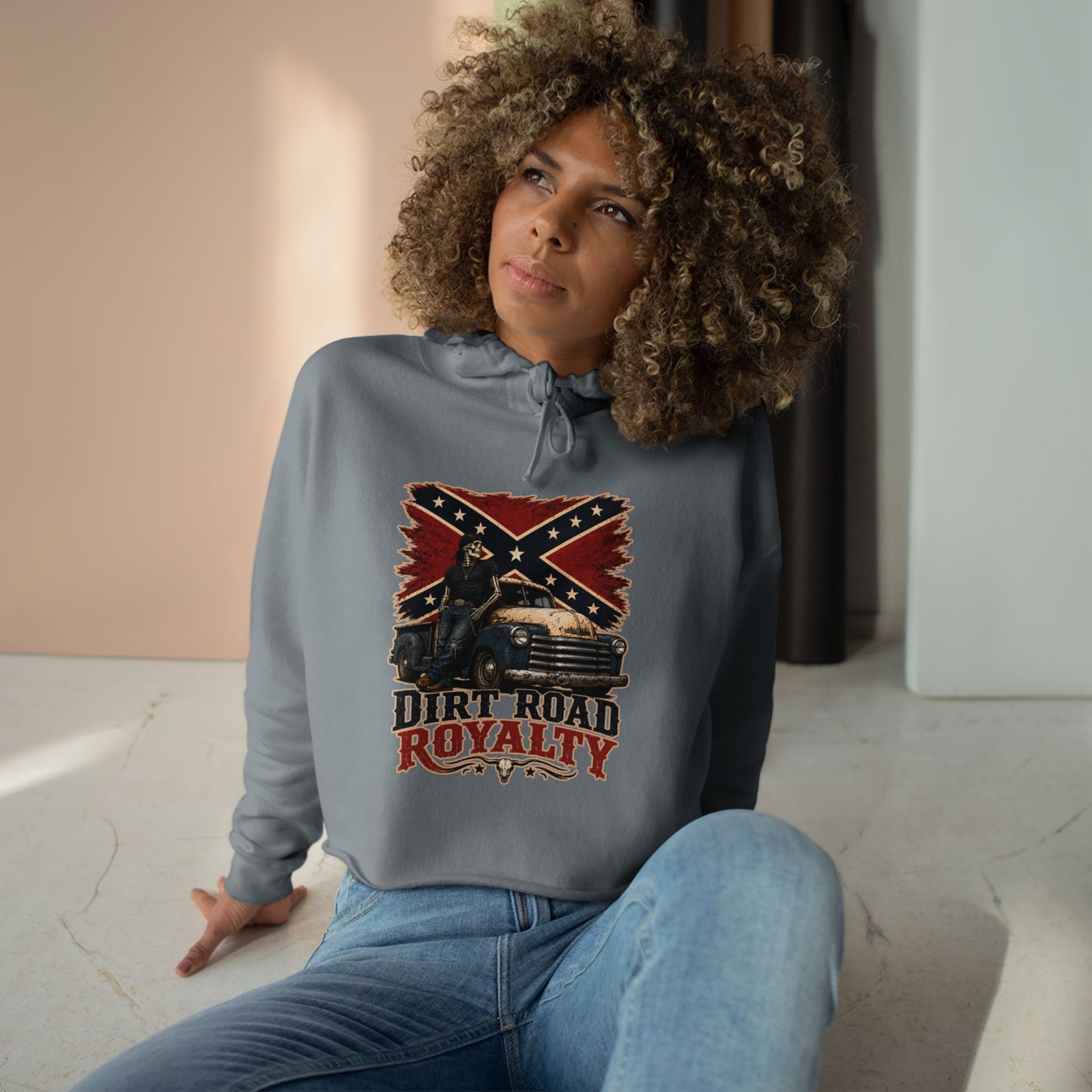 Crop Hoodie - Rebel Flag Biker Hooded Sweatshirt - Truck - 'Dirt Road Royalty' - Image 3