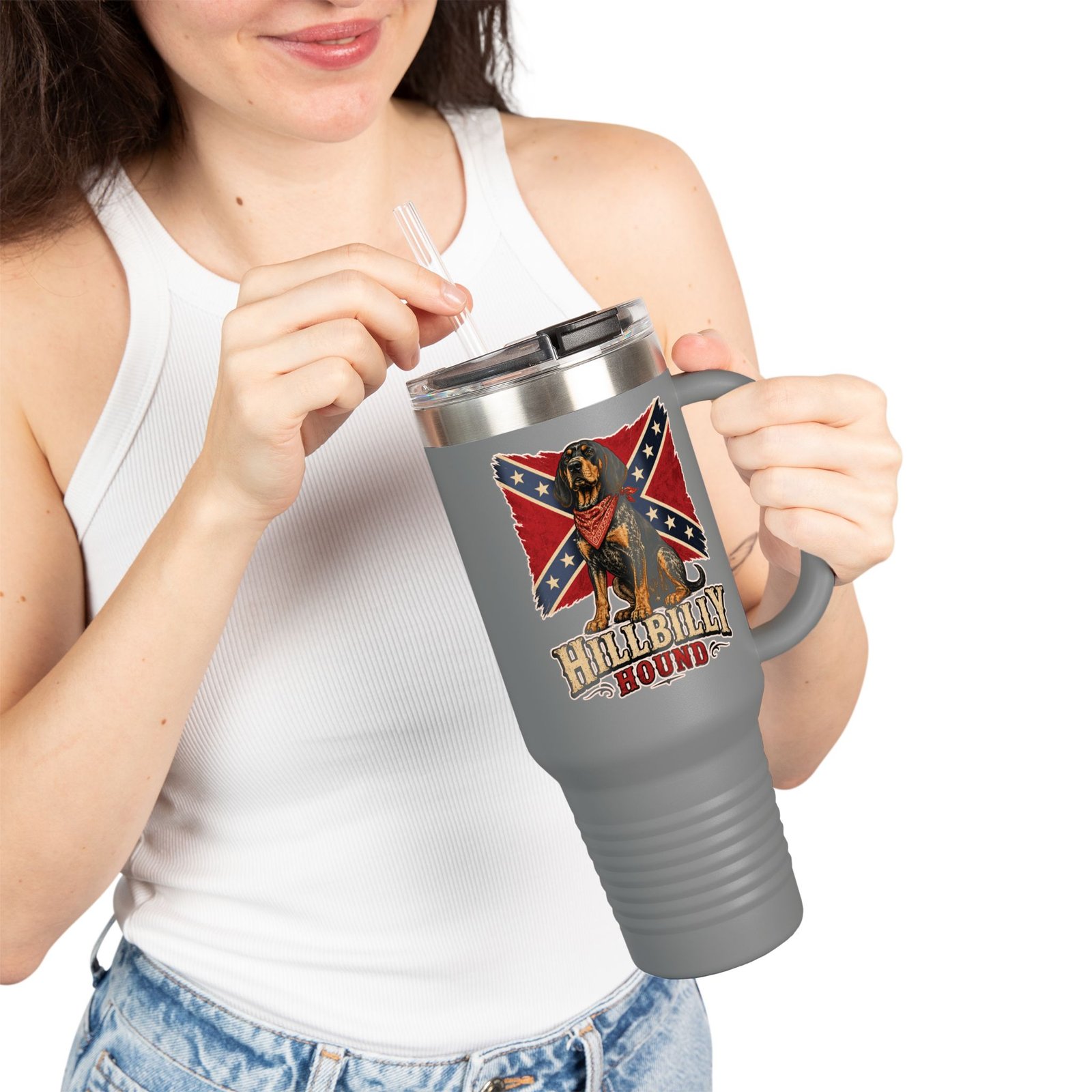 Insulated Travel Mug - 40oz - Rebel Flag with Dog - Text, 'Hillbilly Hound' - Version 2 - Image 5