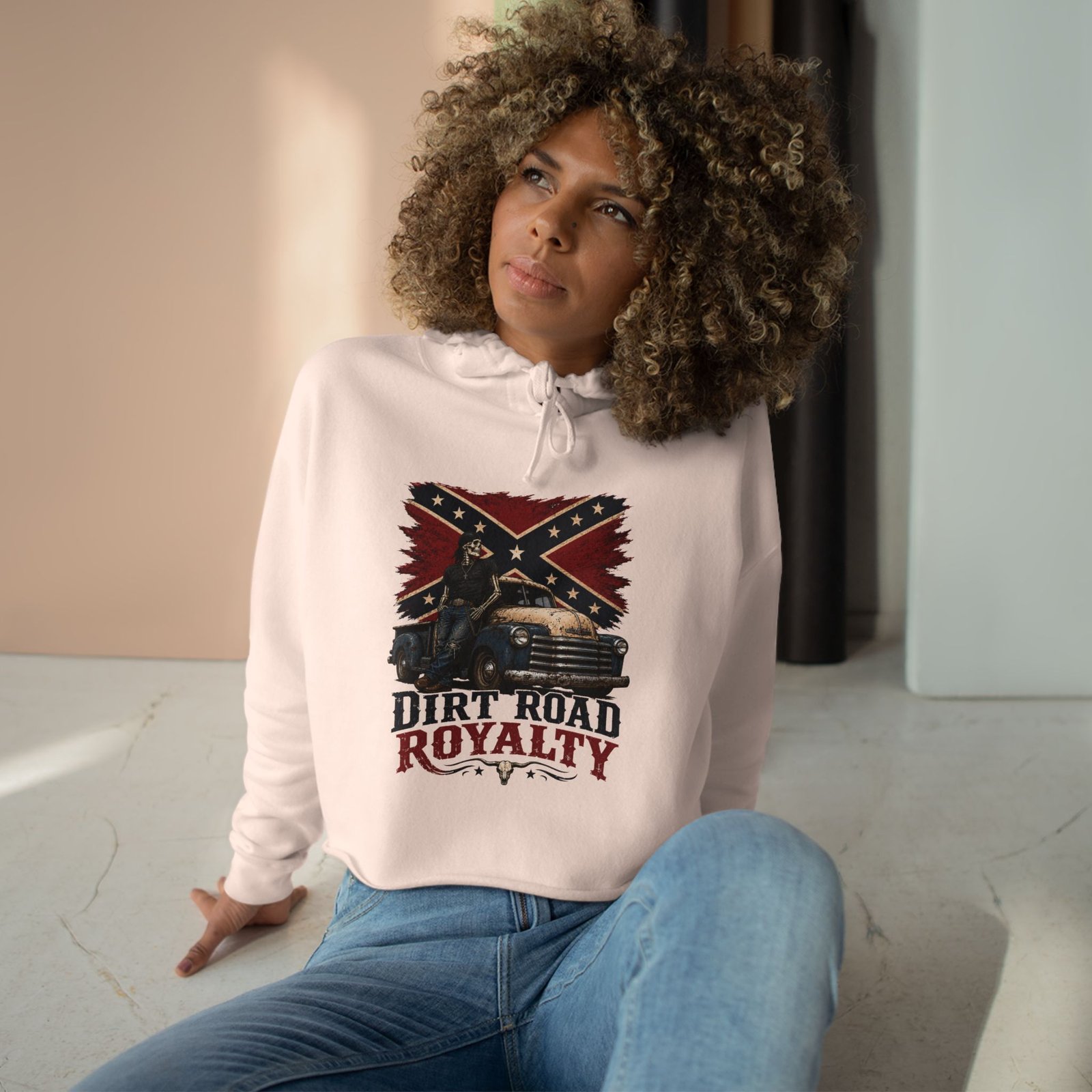 Crop Hoodie - Rebel Flag Biker Hooded Sweatshirt - Truck - 'Dirt Road Royalty' - Image 4