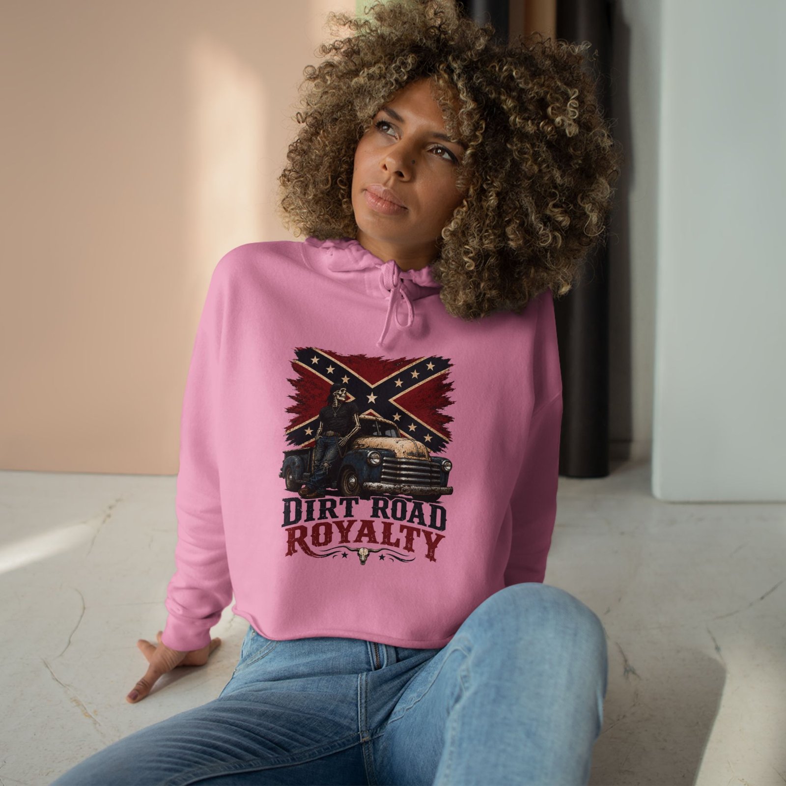 Crop Hoodie - Rebel Flag Biker Hooded Sweatshirt - Truck - 'Dirt Road Royalty' - Image 5