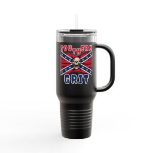 Insulated Travel Mug - 40oz - Rebel Flag with Skull - Text, "Southern Grit"