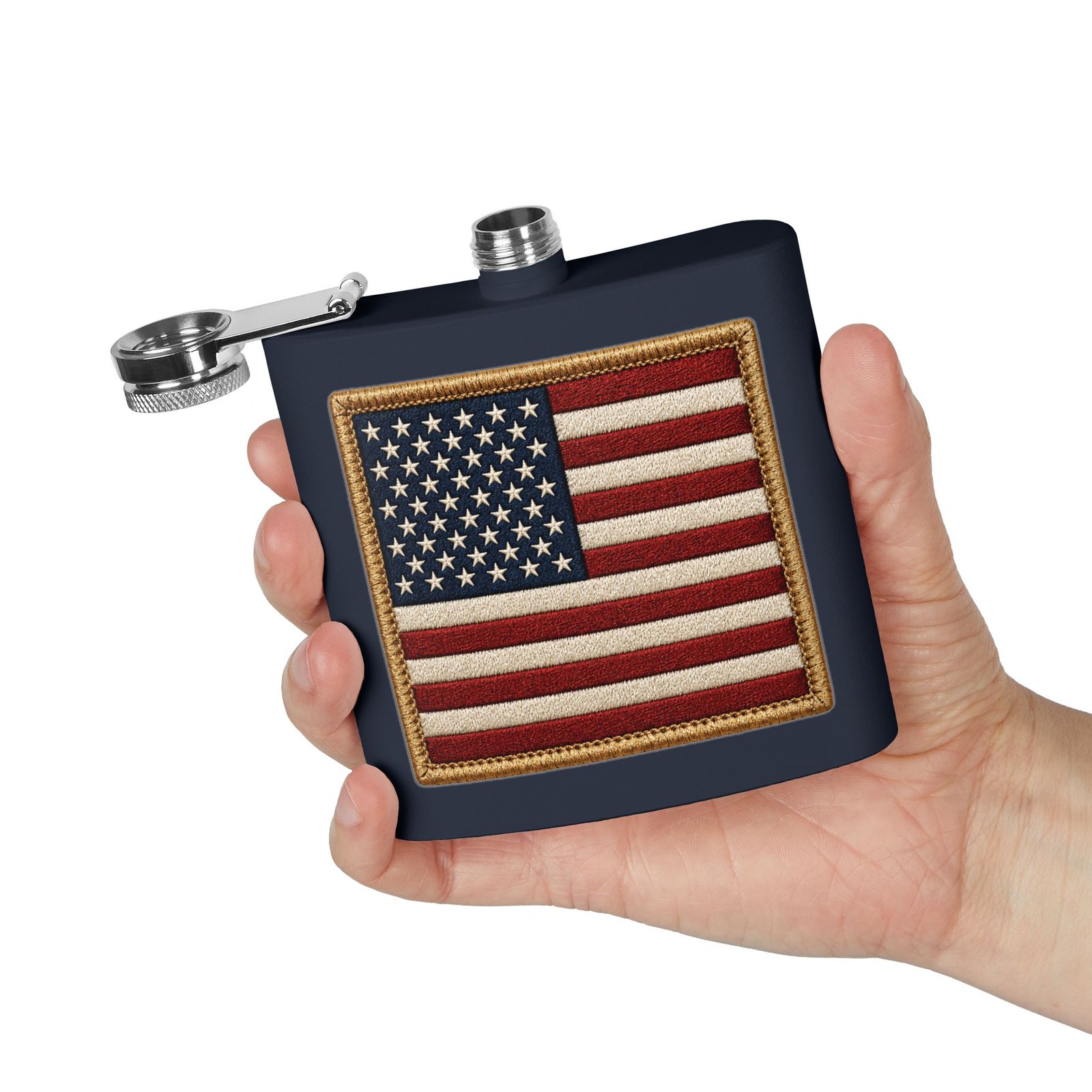 6oz Stainless Steel Flask - American Flag Patch - Embroidered Look USA Flag - Choice of Colors 15 6oz Stainless Steel Flask - American Flag Patch - Embroidered Look USA Flag - Choice of Colors - Image 15
