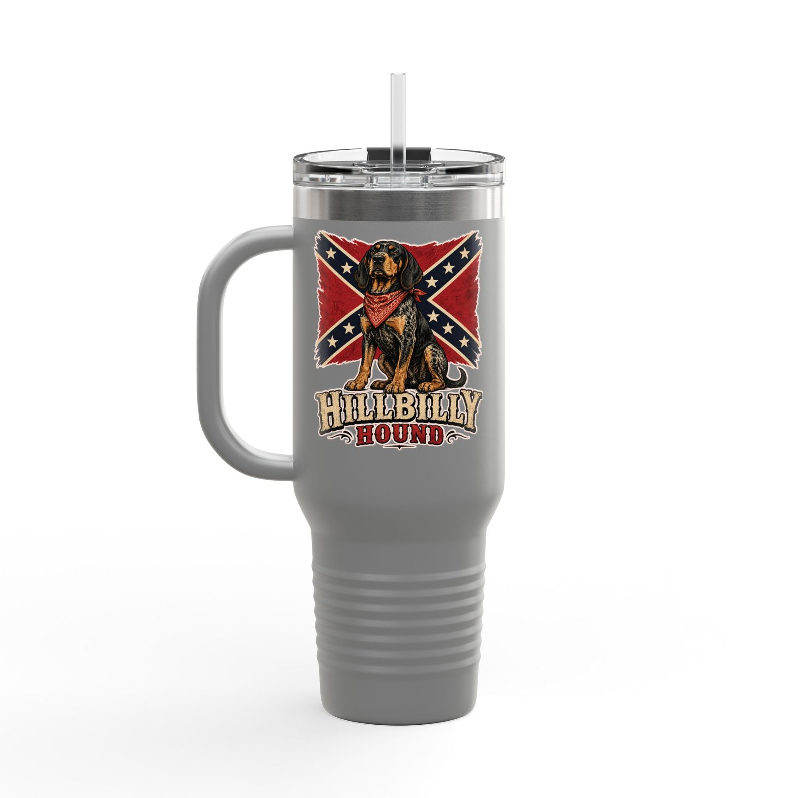 Insulated Travel Mug - 40oz - Rebel Flag with Dog - Text, 'Hillbilly Hound' - Version 2