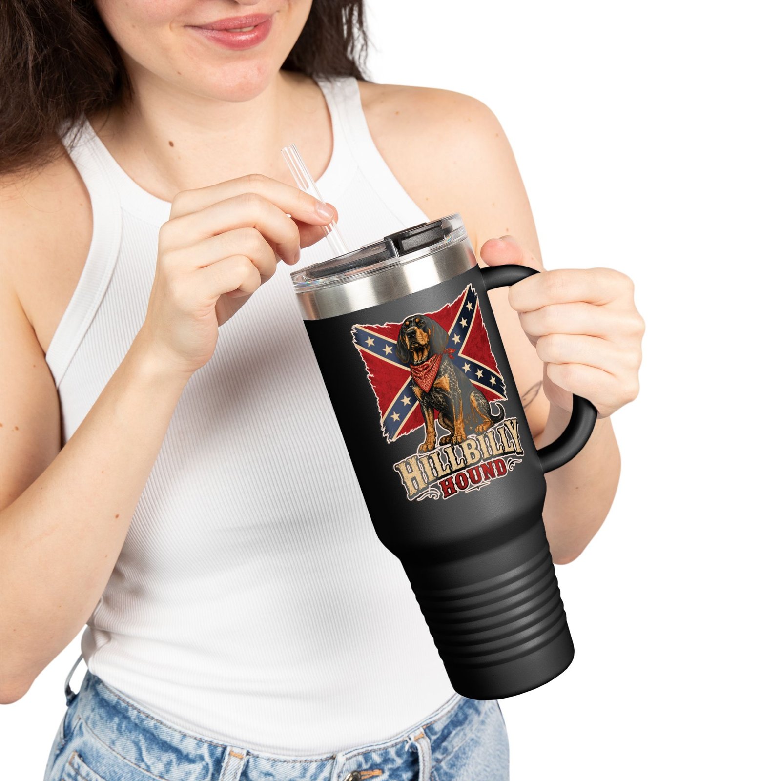 Insulated Travel Mug - 40oz - Rebel Flag with Dog - Text, 'Hillbilly Hound' - Version 2 - Image 6