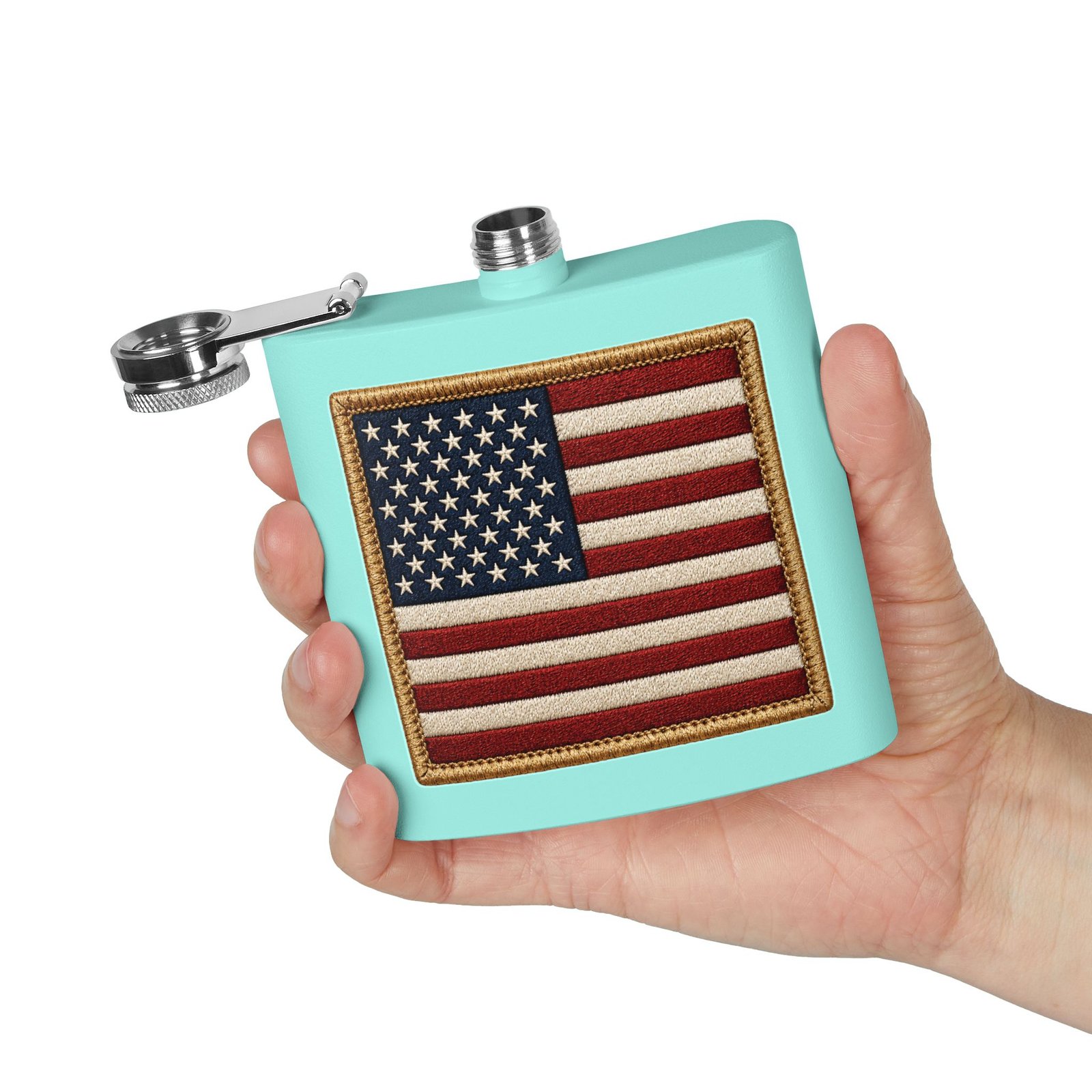 6oz Stainless Steel Flask - American Flag Patch - Embroidered Look USA Flag - Choice of Colors 19 6oz Stainless Steel Flask - American Flag Patch - Embroidered Look USA Flag - Choice of Colors - Image 19