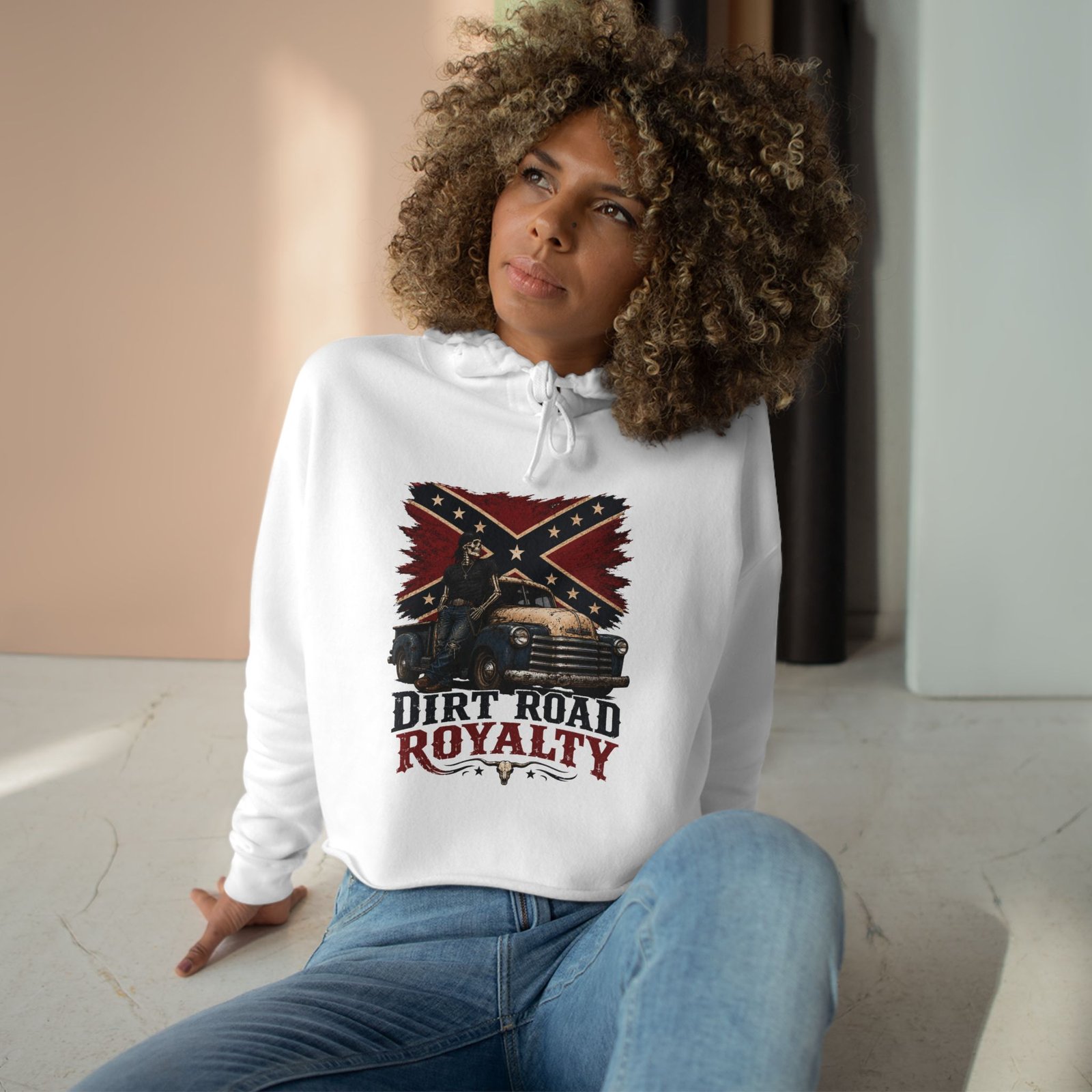 Crop Hoodie - Rebel Flag Biker Hooded Sweatshirt - Truck - 'Dirt Road Royalty' - Image 6