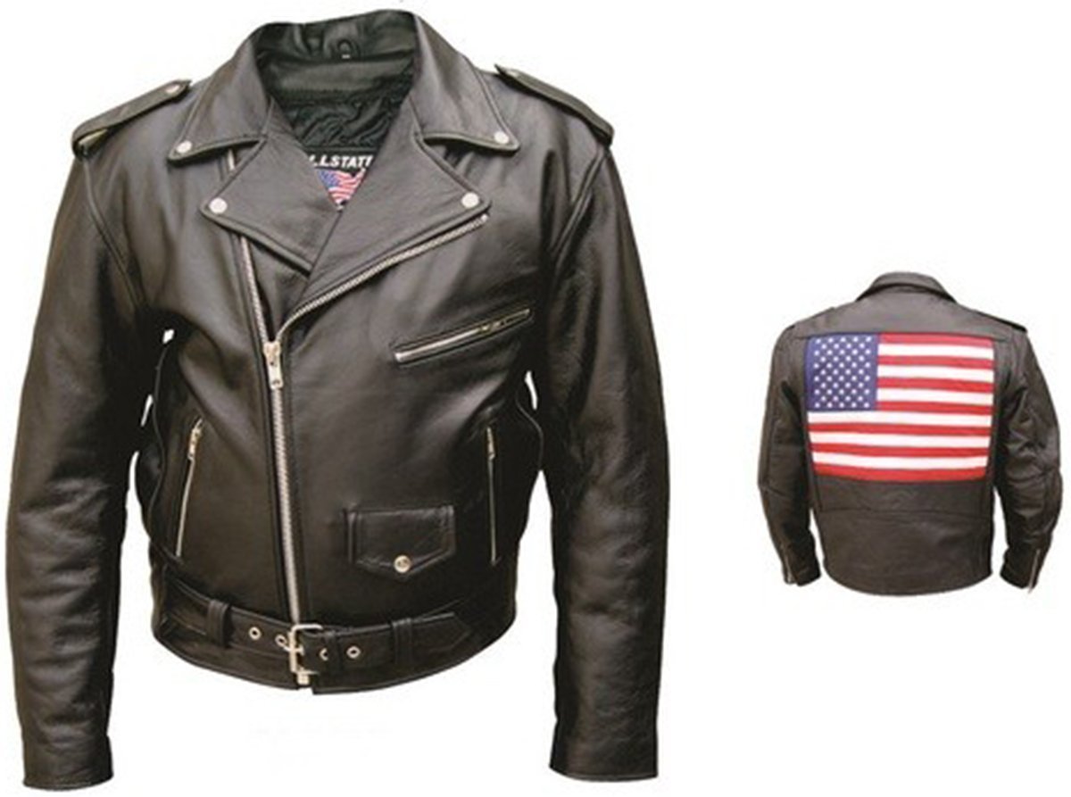 Leather Biker Jacket - Men's - American Flag on Back - AL2018-AL - Image 2