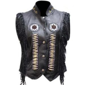 Women's Black Leather Western Style Beadwork and Bones Vest -  LV428-DL