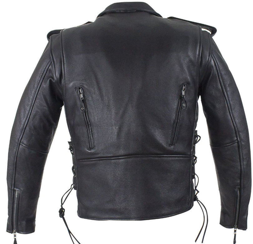 Leather Motorcycle Police Style Jacket with Side Laces and Vents - Up To Size 72 - MJ201-SS-DL - Image 2