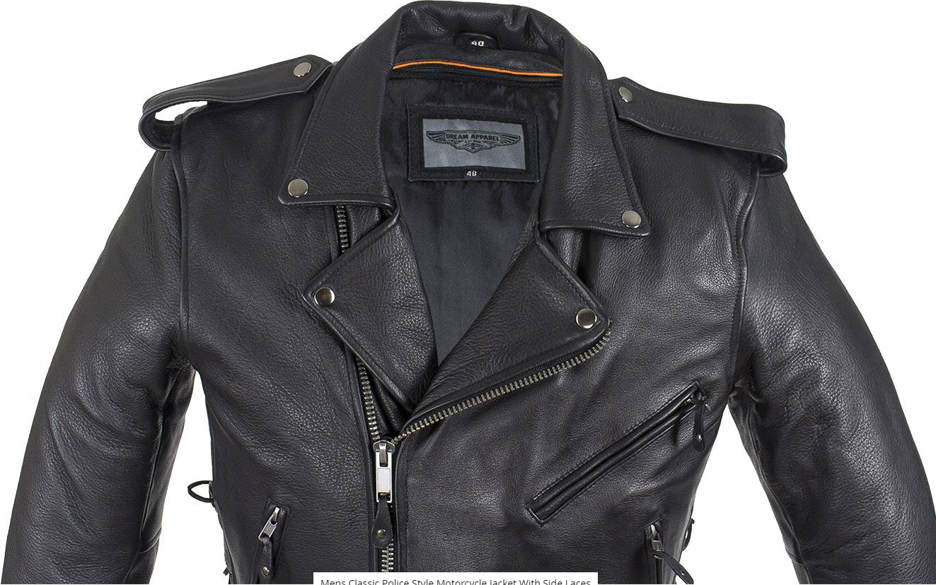 Leather Motorcycle Police Style Jacket with Side Laces and Vents - Up To Size 72 - MJ201-SS-DL - Image 3
