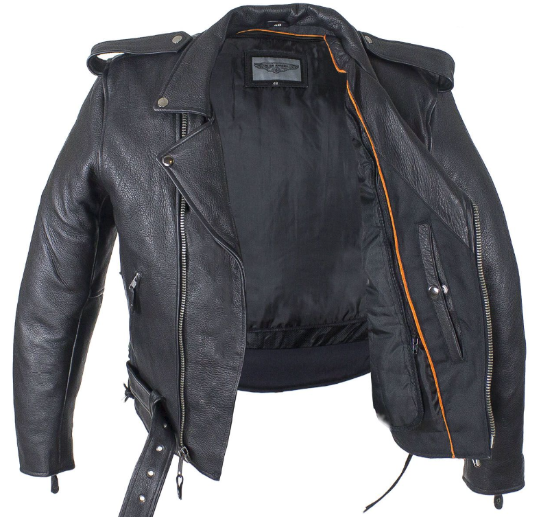 Leather Motorcycle Police Style Jacket with Side Laces and Vents - Up To Size 72 - MJ201-SS-DL - Image 5