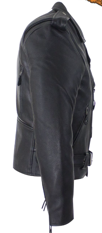 Leather Motorcycle Police Style Jacket with Side Laces and Vents - Up To Size 72 - MJ201-SS-DL - Image 7