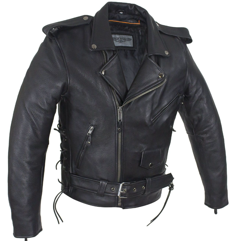 Leather Motorcycle Police Style Jacket with Side Laces and Vents - Up To Size 72 - MJ201-SS-DL