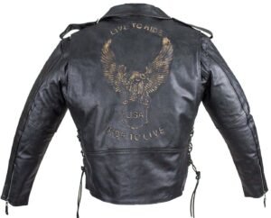 Embossed Eagle Motorcycle Jacket with Side Laces and Live To Ride -  MJ703-SS-DL