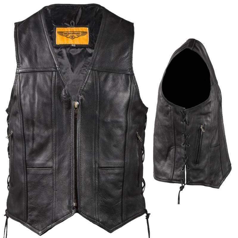 Leather Motorcycle Vest - Men's - Zipper Front - 10 Pockets - Side Laces - MV310-ZIP-11-DL - Image 2