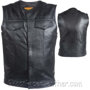 Mens Motorcycle Club Naked Leather Vest With Zipper - No Collar -  MV8008-ZIP-11-DL
