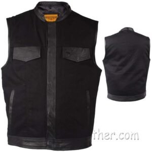 Mens Black Denim Club Vest with Leather Trim -  MV8019-ZIP-BD-DL