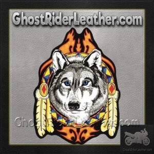 Large Wolf Head with Feathers and Blue Eyes Patch /  PAT-A50-DL
